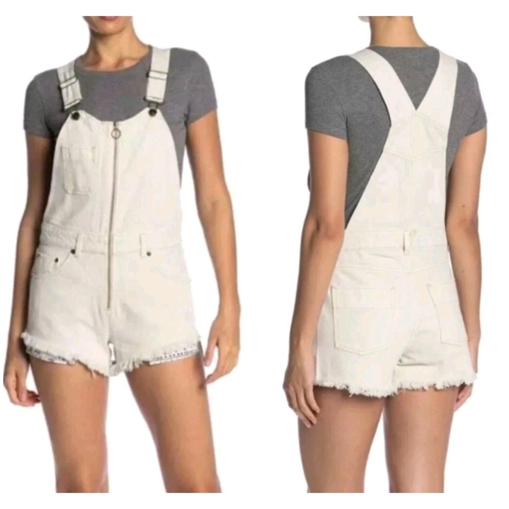 We The Free People Sunkissed Denim Shorts Overalls Cream Off White size 8